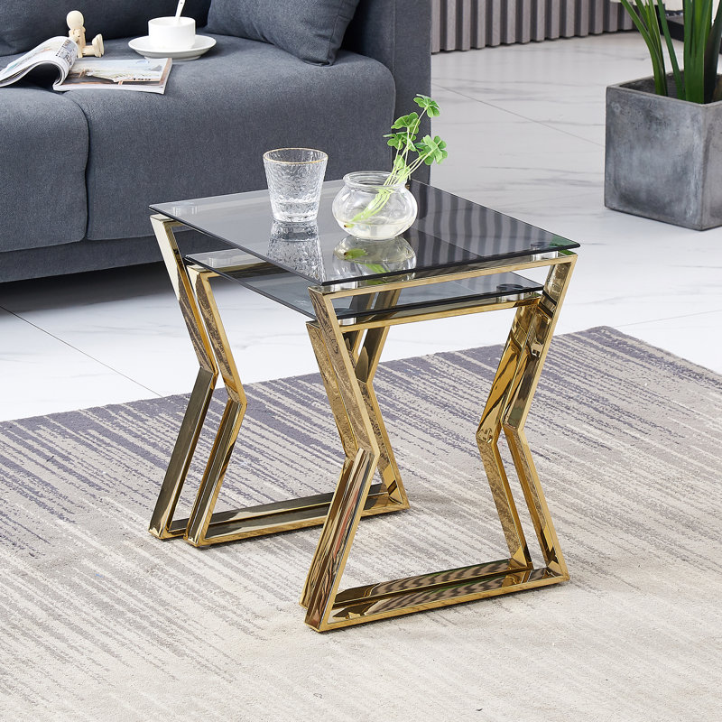 Taoussi 2 - Pieces Luxury Golden Stainless Steel Nesting Tables with Tempered Glass, Gold Base & Dark Top