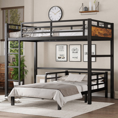 Twin Xl Over Twin Xl Metal Material Bunk Bed Frame/Metal Material Loft Bed Frame And Metal Material Platform Bed Frames,With Raised Security Fence,Vintage Wooden Frame Material-Colored