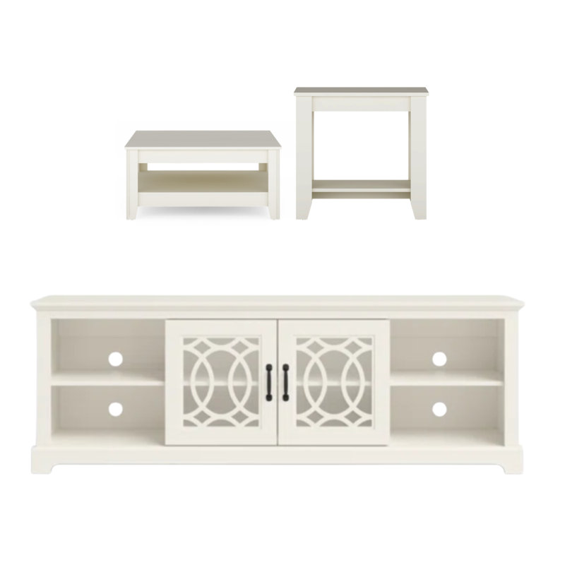 Weddel Basilico Transitional Coordinated 3-Piece Living Room Set, Ivory, Knotty Oak