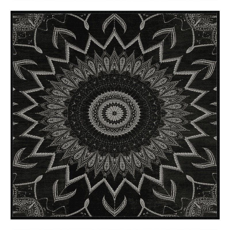 Machine Washable Penola Global Inspired Geometric Rug in Brown – Black Binding, 4' Square