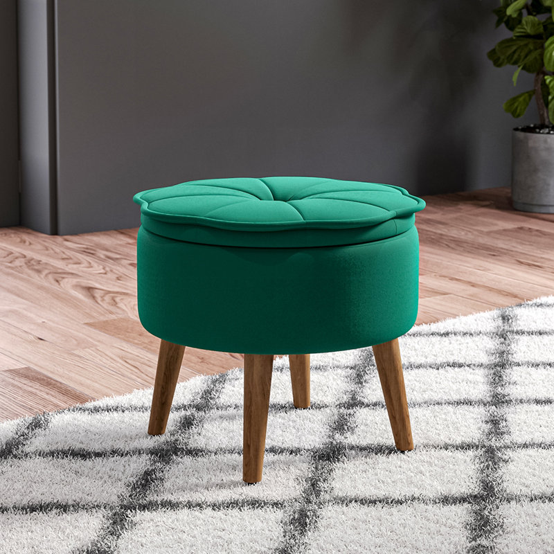 Elkville 53cm Wide Velvet Tufted Round Solid Colour Ottoman with Storage, Dark Green