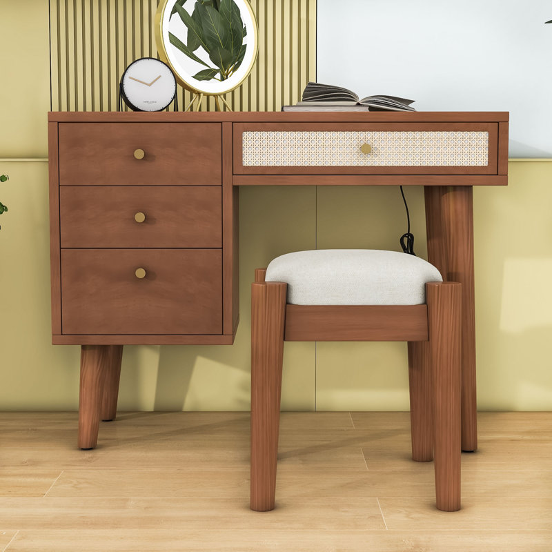 Ensemble de coiffeuse à maquillage en bois rétro avec station de charge intégrée, grand rangement et tabouret rembourré