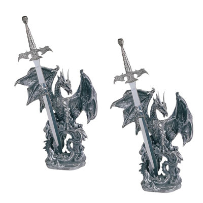 "2-PC Set" ICE ARMOR 10"H Medieval Silver Dragon with Armor and Sword Guardian Figurine Figurine Statue Ornament Home/Room Decor and Perfect Gift Ideas for House Warming, Holidays and Birthdays Great Collectible Addition