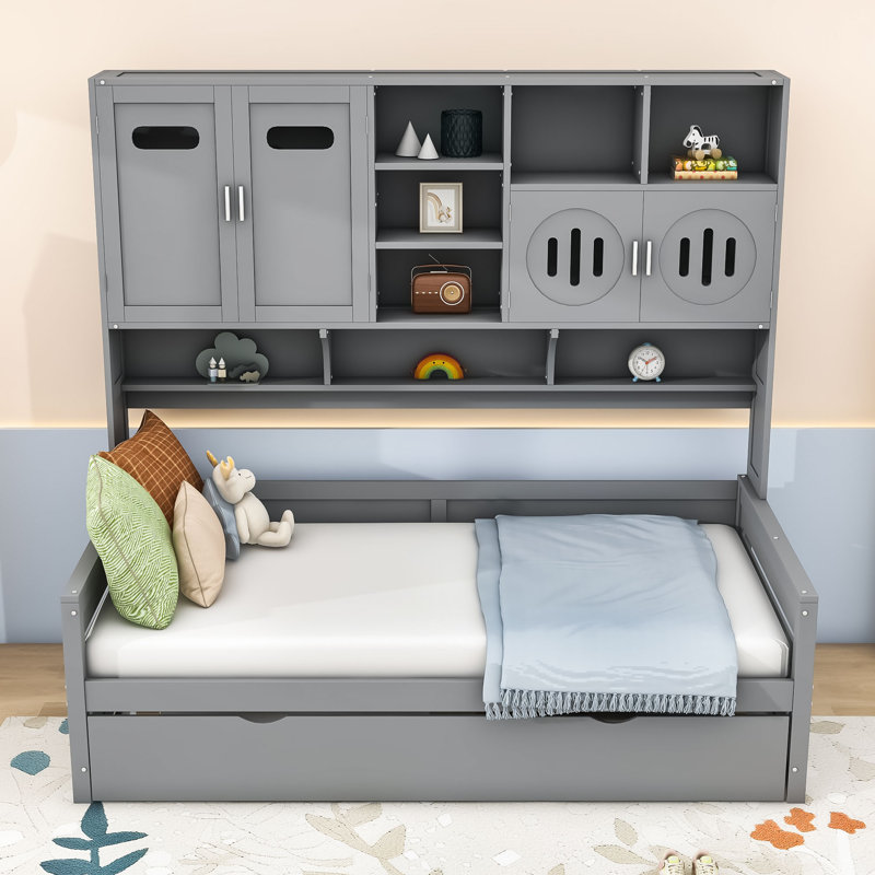 Wooden Daybed With Trundle, Cabinet and Shelf, Gray, Twin