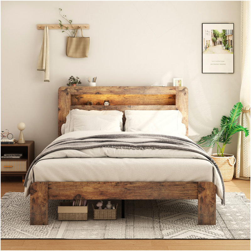 Structure de lit double, structure de lit plateforme en bois avec tête de lit à DEL avec rangement et 2 ports USB, silencieux, aucun sommier nécessaire et outil d'assemblage facile, grand rangement sous le lit, brun foncé