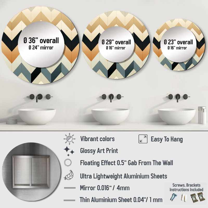 Ivory Boho Accents Chevron - Glam Round Mirror Wall Decor_MTMIR124538, 29" x 29"