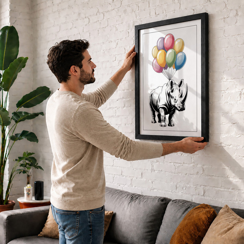 Rhinoceros with Balloons Whimsical - Framed Print, A2 - 59.4 x 42.0 cm, Black