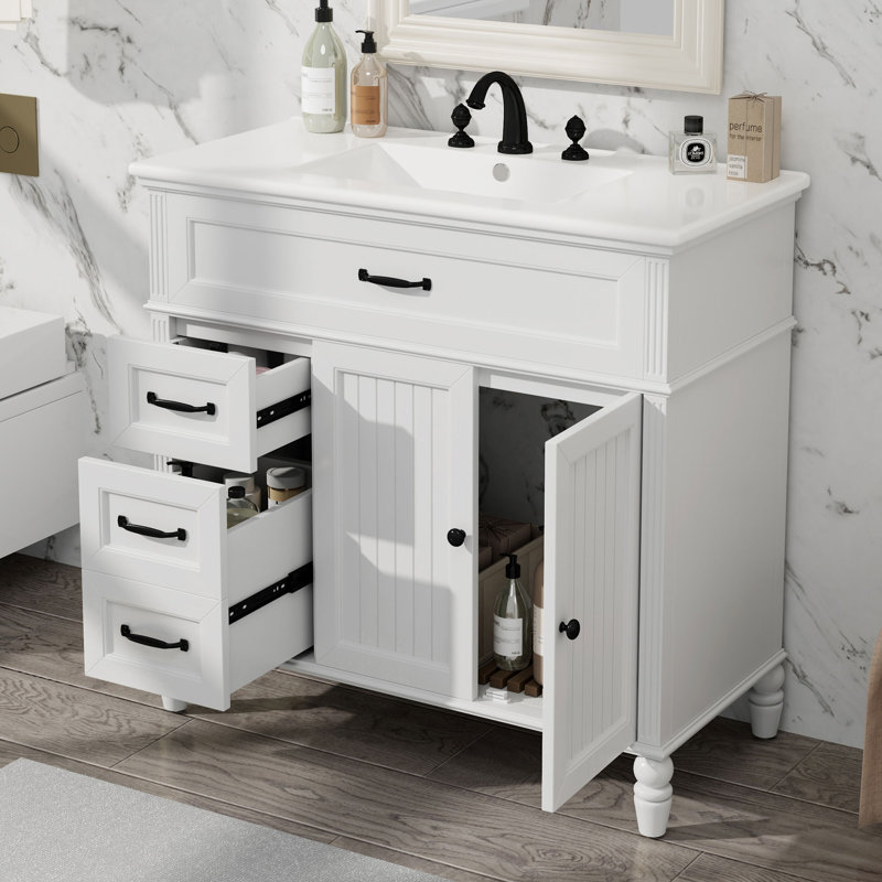 Meuble-lavabo noir avec tiroirs 36 po, Blanc