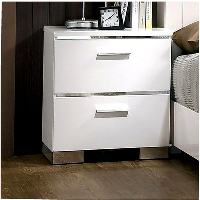 Table de chevet moderne 1 pièce avec poignées et pieds chromés laqués blanc brillant, table de chevet avec chargeur USB pour meubles de chambre à coucher