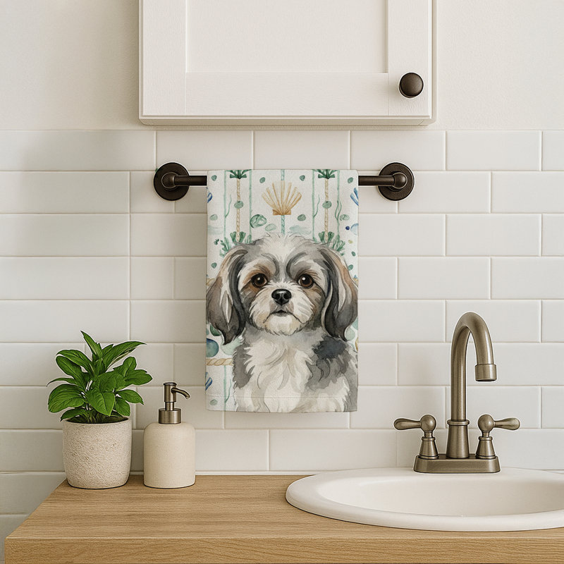 Serviette de cuisine blanche en verre de mer à épagneul tibétain blanc, Grey and White Tibetan Spaniel