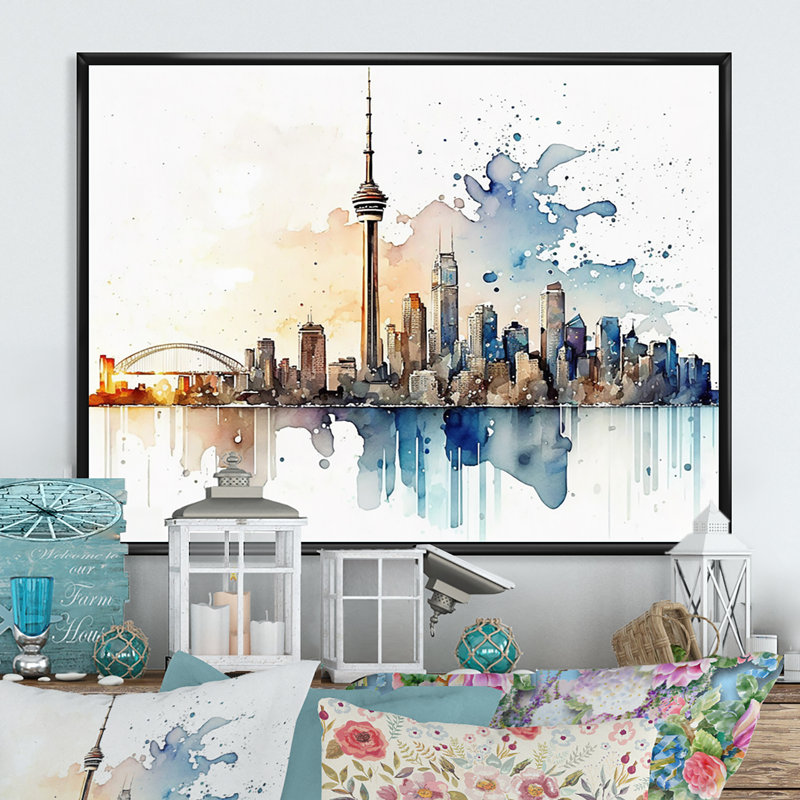 Toronto Skyline I - art mural Toronto, H 30 po x l 40 po x P 1,5 po, Cadre flottant noir