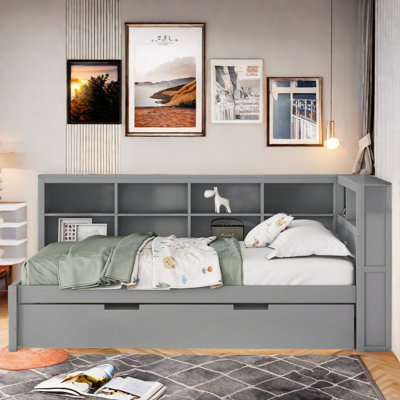 Wooden Daybed With Twin Size Trundle, Storage Shelf And Usb Charging Ports
