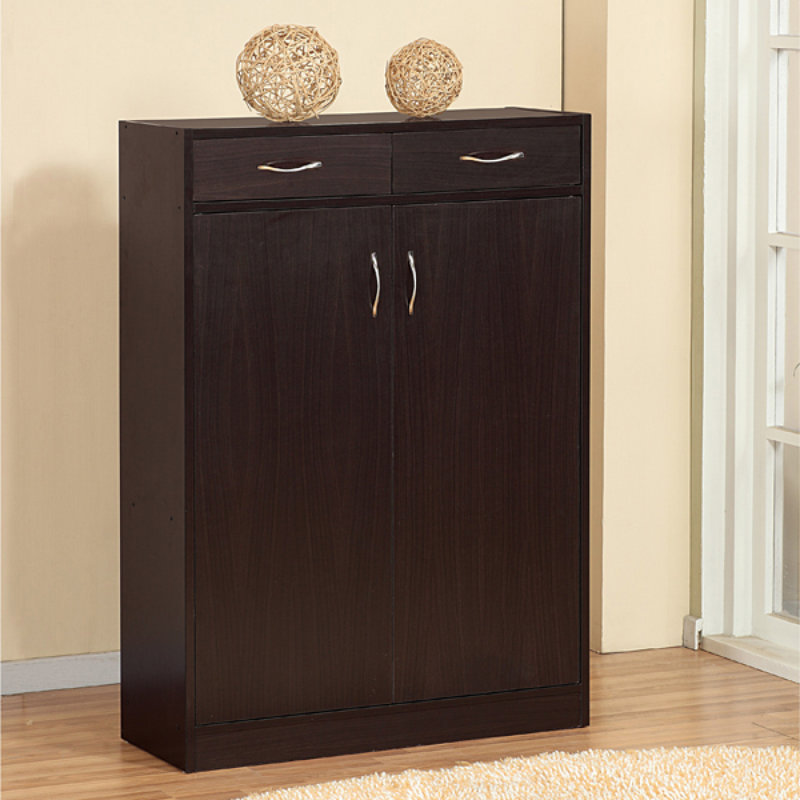 Armoire de rangement pour chaussures Range-chaussures cinq tablettes deux tiroirs Poignées incurvées en métal rouge cacao