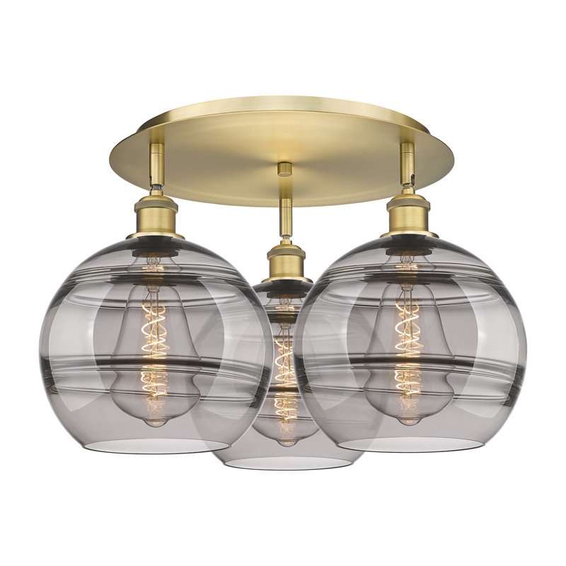 Plafonnier semi-encastré Glassoff, Laiton brossé, Gris fumée clair, H 12,63 po x l 21,75 po x P 21,75 po