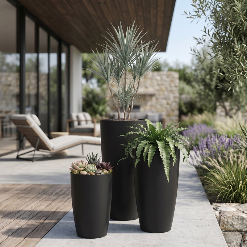 Grand pot de fleurs Solace - noir, paquet de 3 (toutes les tailles), 16in/22in/28in, Noir, 3
