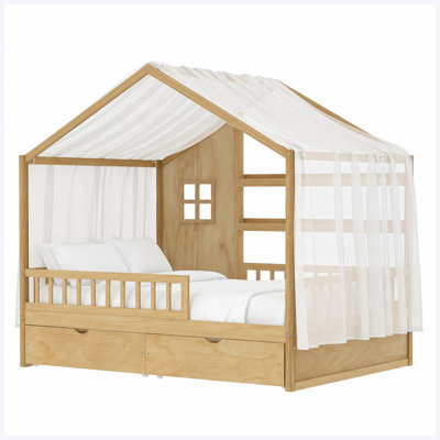 Kids Full Bed Frame Montessori Floor Bed Style With Roof & Curtains, Safety Guardrails, 2 Storage Drawers, Wooden, Natural