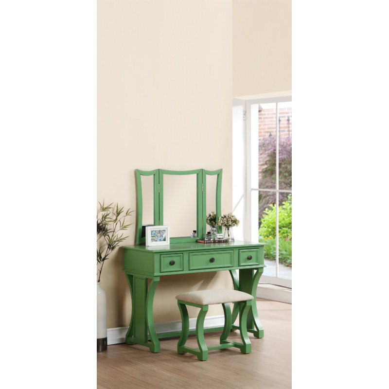 Ensemble coiffeuse avec tabouret et miroir Potterville, Vert