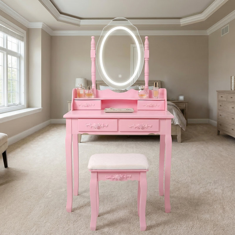 Princess Vanity Desk With Cushioned Stool & LED Mirror - For Bedroom Makeup Organization, Pink