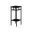 Table d'appoint contemporaine noire pour la chambre à coucher et le salon. 2 tablettes carrées. Base en métal. Table de bout pratique. Design moderne polyvalent avec rangement