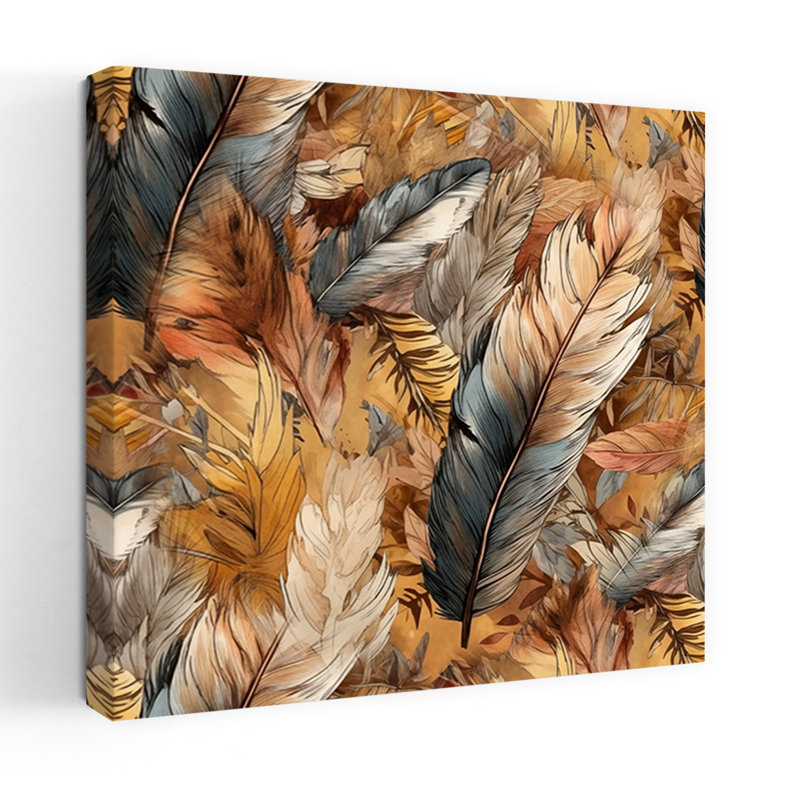 Motif de plumes terreuses, élégant oiseau rustique abstrait automne, art mural nature, H 32 po x l 32 po