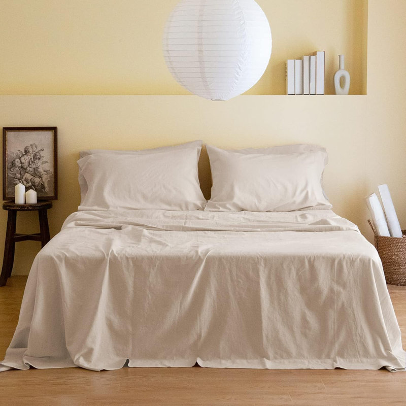 Ensemble de draps de couleur unie - 6 pièces, 4 taies d'oreiller, 1 drap-housse, 1 drap plat, Lin lin