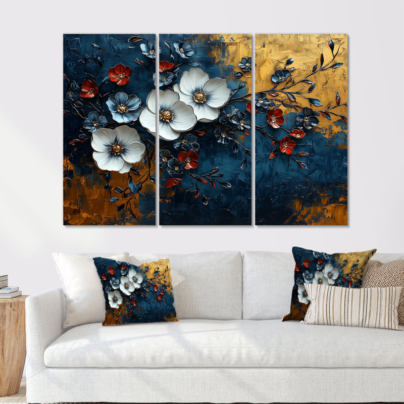 «White and Blue Poppies Venetian Vibrance I», ensemble d'art mural coquelicots, Métal métal, H 32 po x l 48 po x P 1 po