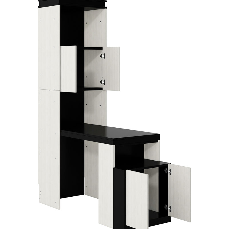 Lit double noir et blanc avec tablettes de rangement et bureau pour économiser de l'espace