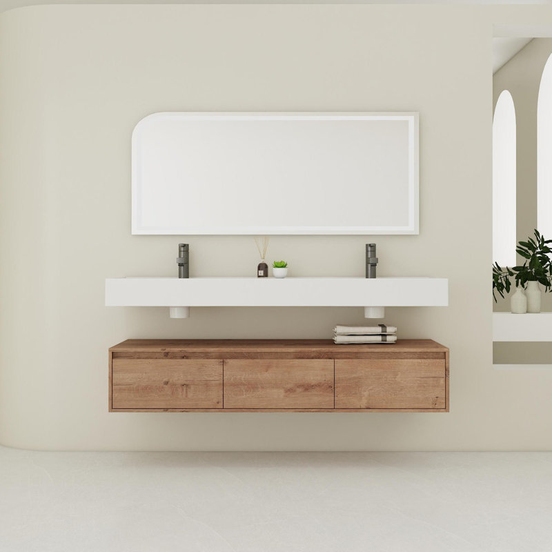 Meuble-lavabo mural de 60 po avec lavabo double en résine, tiroir à fermeture en douceur et fixation flottante, Dark Brown