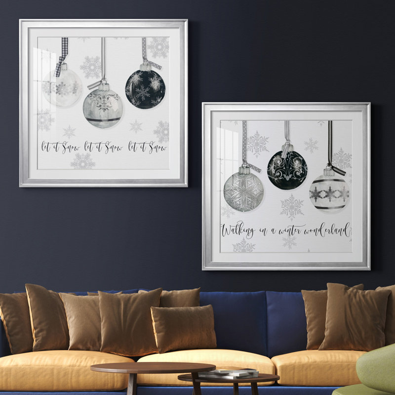 «Let It Snow Ornaments», ensemble de 2 reproductions d'art, Blanc, H 30,5 po x l 61 po x P 1,5 po, Papier avec cadre argenté