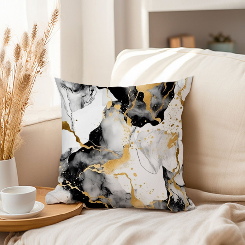 Animals William Morris Birds Damask Pattern I Cottage, 18" H x 18" W, Abstract Black & Gold Strokes IV Modern