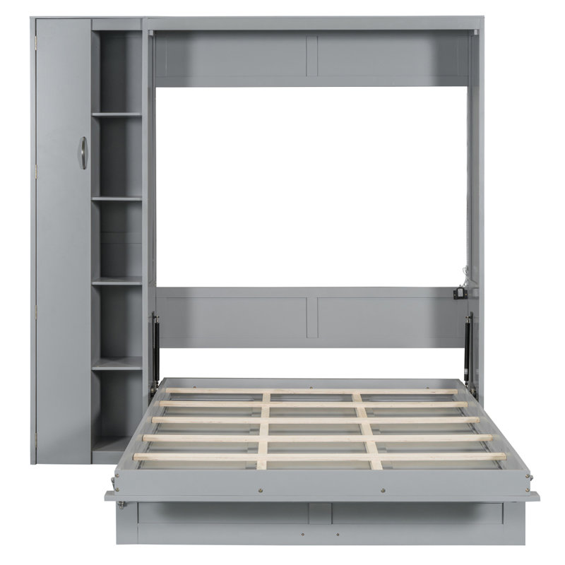 Lit escamotable double pleine grandeur avec tablettes, garde-robe et lumières DEL, gris, Gris, Lit double