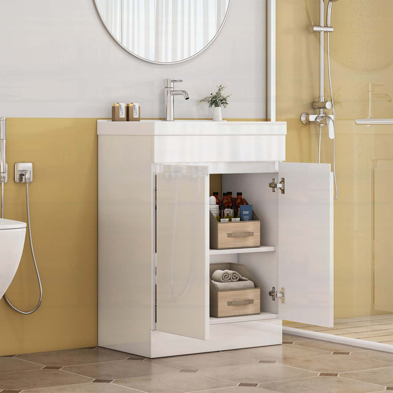 Meuble-lavabo de 24 po avec lavabo, conception sans poignée, lavabo en céramique à bords épais, charnières à fermeture en douceur, assemblage facile, finition blanc brillant