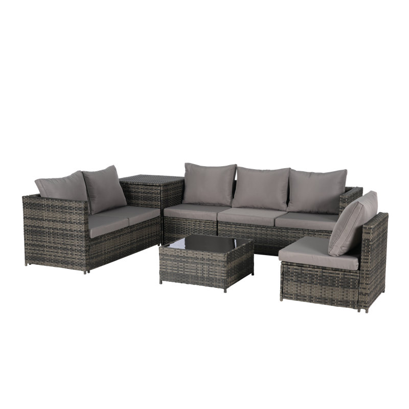 -piece Patio Furniture Set, Outdoor Wicker L-shaped Sectional With Corner Table And Glass Top Table For Poolside Or Backyard