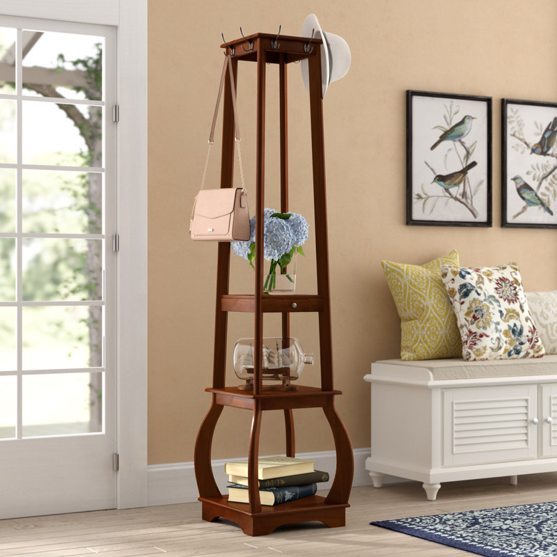 Entryway Coat Rack with Storage Shelves & Drawer, Walnut