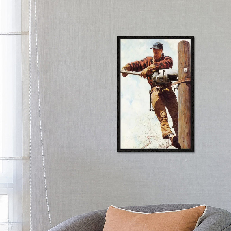 The Lineman by Norman Rockwell - 1 Piece Painting on Canvas, 66.04 cm H x 45.72 cm W, Black Framed