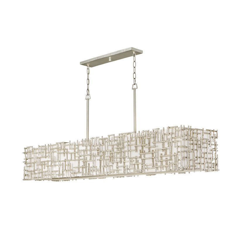 Farrah 10-Light White Linen Linen Chandelier w/ Hammered Crosshatch Bars, Silver Leaf