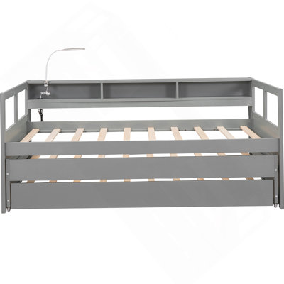 Wood Daybed with Two Trundles, Storage Cubbies, Light and USB Charging