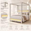 Lit plateforme Beigelora Queen Size à baldaquin capitonné beige avec cadre à quatre colonnes, tête de lit rembourrée en tissu, bandes DEL personnalisables intégrées à la tête et au pied de lit.