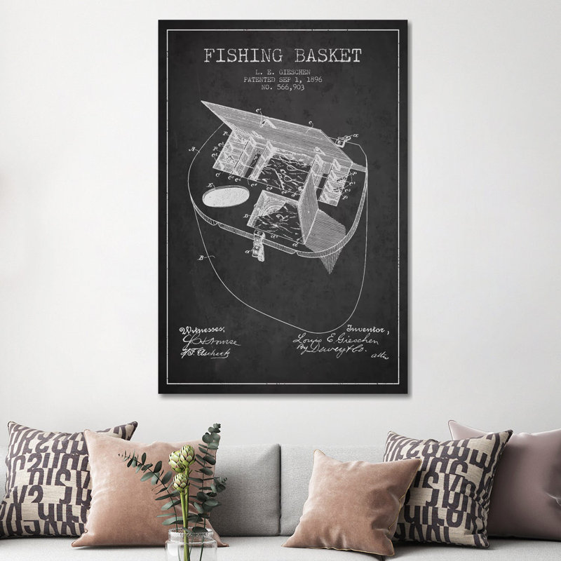 Fishing Basket Charcoal Patent Blueprint by Aged Pixel - Gallery-Wrapped Canvas Giclée on Canvas, Wrapped Canvas