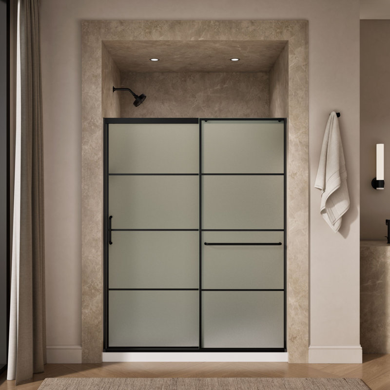 Elate Tall Sliding Shower Door, 75-1/2-In H X 56-1/4 - 59-5/8-In W, With Heavy 5/16-In Thick Crystal Clear Glass With Rectangular Grille Pattern