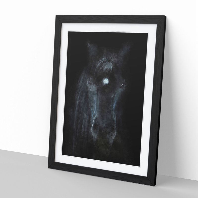 Black Horse in the Shadows - Picture Frame Painting, 65cm H x 48cm W x 2cm D, Black Framed