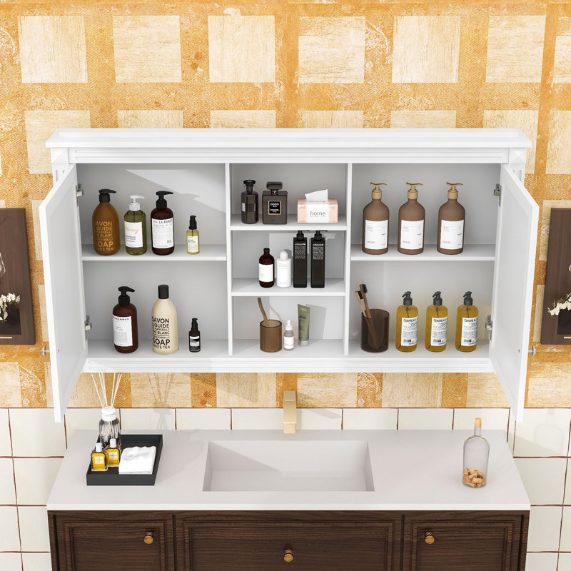 Armoire à pharmacie élégante avec miroir double, tablettes réglables et charnières à fermeture en douceur, Blanc