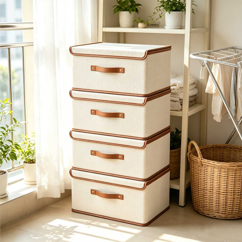 Ensemble de 4 bacs de rangement pliables en tissu avec couvercle et poignée en cuir, boîtes de rangement en tissu empilables pour garde-robe de chambre à coucher pour garde-robe