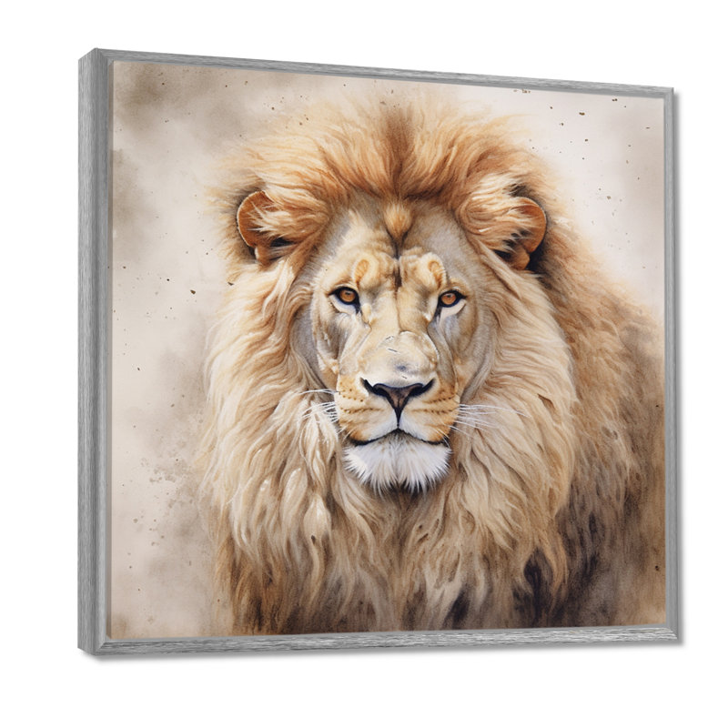 Fierce Lion II - Lion, art mural, H 16 po x l 16 po x P 1 po, Encadrement argenté