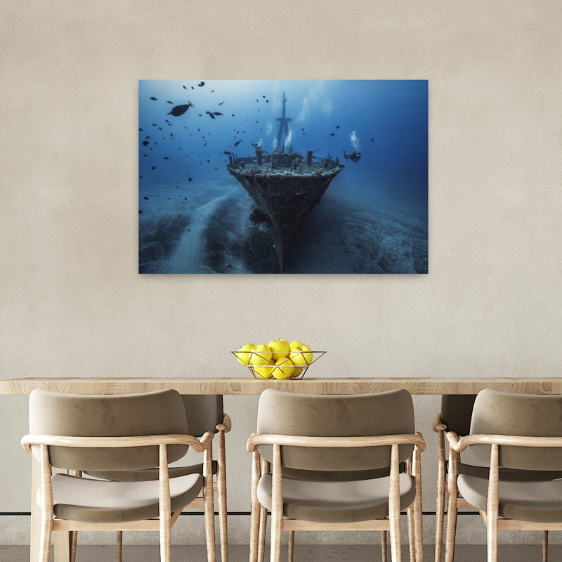 Diver Explores Sunken Wreck Contemporary Fish Ocean Wall Art Print by Barathieu Gabriel - Wrapped Canvas Print