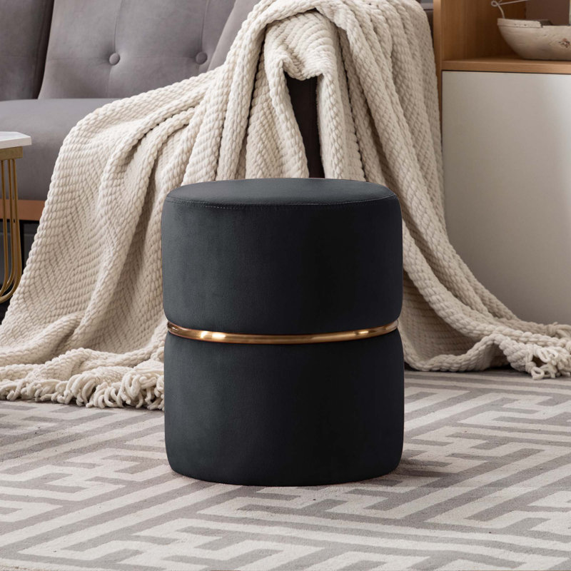 Artin 35.5Cm Wide Velvet Round Footstool Ottoman, Black