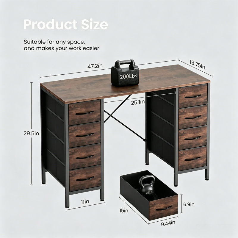 Bureau d'ordinateur 47 po avec 8 tiroirs de rangement en tissu, bureau d'écriture moderne, bureau en bois et métal pour bureau, chambre à coucher et petits espaces