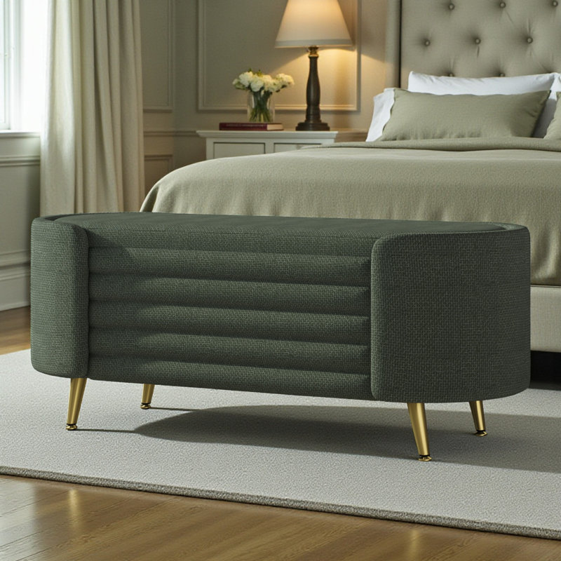Curved Upholstered Storage Bench – Gold Metal Legs, Modern Oval Design, Green