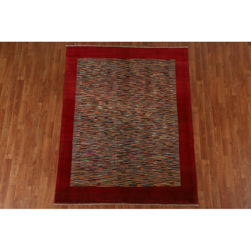 Tapis brun / rouge en laine noué à la main de conception unique 5 pi 1 po x 6 pi 5 po New Age