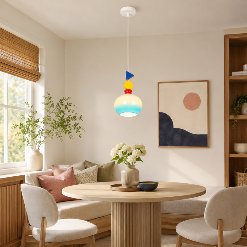 Luminaire suspendu coloré en verre, luminaire suspendu géométrique 1 lumière avec cordon réglable et ampoule E26 3 couleurs incluse